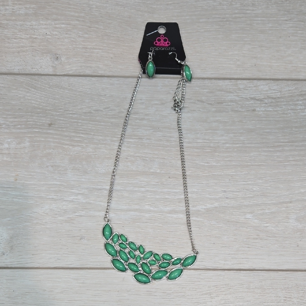 NEW Paparazzi Green& Silver Necklace +Earrings
